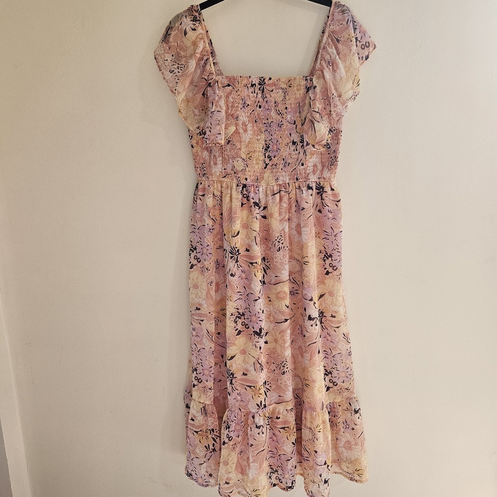 M Floral Maxi Dress Sleeveless Smocked Bow Ruffle Flowy Feminine Twirl Boho